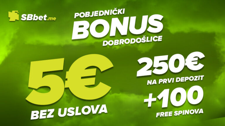 BONUS DOBRODOŠLICE: 5€ BEZ DEPOZITA + Bonus do 250EUR i 100 free spinova!